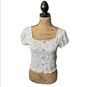 Mudd Floral Smocked Puff Sleeve Scrunchy Crop Top Size L